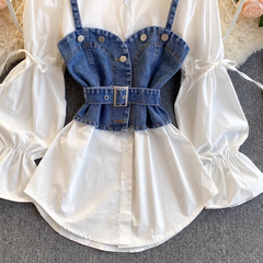 Retro Blouses Women's puff sleeve loose all-match denim camisole stacked two-piece suit