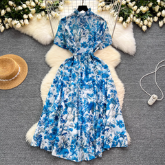 Sommer neue retro elegante modische gedruckt kurzarm lange kleid