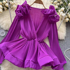 Three-dimensional flower ruffled pleated V-neck pullover blouses