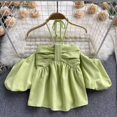 Neckholder-Top mit kurzen Ärmeln und Bubble-Muster