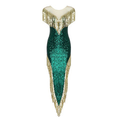 Dark Green Sequin Temperament Tassel Long Skirt Evening Dress Party Slim Evening Dress