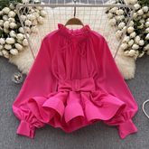 Blusas elegantes de estilo retro con lazo en la cintura y borde de hojas con volantes para mujer, mangas largas