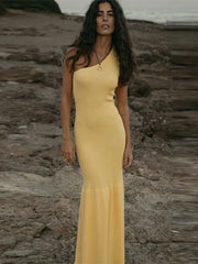 One Shoulder Knitted Patchwork Maxi Dress Women Diagonal Collar Sleeveless Bodycon Dresses Beach Vacation Robe
