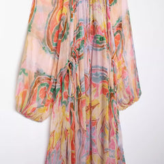 European and American Half High Collar Long Sleeve Printed Waist Loose Dress