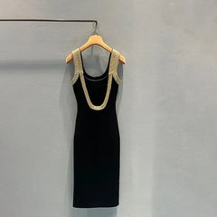 Women Sexy Backless Bodycon Sweater Dress Spring Vintage Gold Sequined Sleeveless Suspender Long Knitted Dress