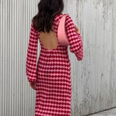 Print Knitted Dress Woman Autumn Backless Long Sleeve Sexy Midi Dresses Contrast Vacation Hallow Out Robe
