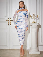 Open back hanging neck sexy long sleeved printed pleated long buttocks wrapped party evening dress