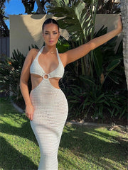Hanging neck backless strap knitted long dress beach dress