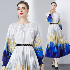 European and American style round neck three bedroom pleated slim fit mid length dress