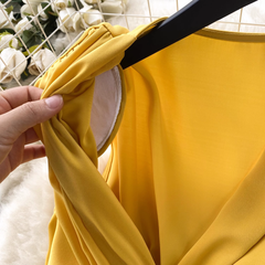 V-Ausschnitt Plissee Taille Hohlkleid Damen Sommerkleid