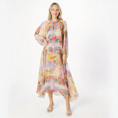 European and American Half High Collar Long Sleeve Printed Waist Loose Dress