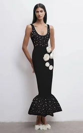 Black Color Women Sleeveless Sexy O-Neck Pearl Beading Bodycon Bandage Gown Dress Celebrate Evening Party Outfit Vestido
