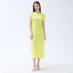 Ladies simple loose sleeveless pleated waistcoat round neck mid-length dress