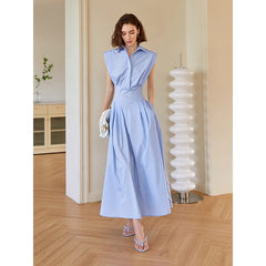 Blue polo collar sleeveless shirt dress right-angle shoulder waist long skirt