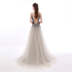 Sexy Side Split Prom Dresses Deep V-Neck Backless Beads Crystal Party Gowns Sleeveless Sweep Train Cheap Tulle Party Dress