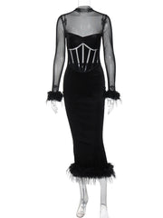 Spring Autumn Long Sleeve Party Club Evening Streetwear Black Midi Dress