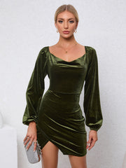 Slim fit slit wrap buttocks swing collar bubble sleeve velvet banquet dress