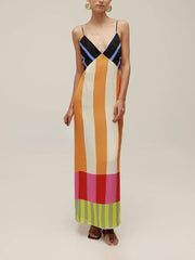 Striped dress with contrasting colors for slimming effect split top camisole skirt