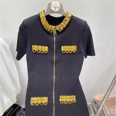Golden nail bead sequin chain short sleeved dress with slim fit and goddess style