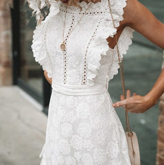 EMBROIDERED LACE WOOD EAR HEM DRESS