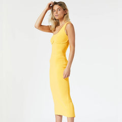 Solid Color Slanted Shoulder Yellow Single Shoulder Sleeveless dress