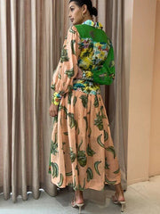 Print Women Dress With Belts Long Lantern Sleeve Single Breasted A-line Dresses Holiday Female Vestidos