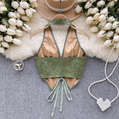 Camisola de verano con cuello halter y diseño de cordones de PU para mujer