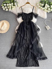 Schwarzes Meerjungfrauenkleid mit Patchwork-Pailletten