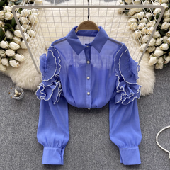 Women's summer three-dimensional flower long sleeve mesh blouses