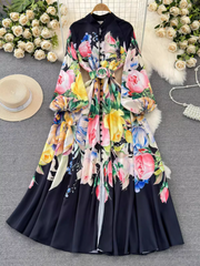 Langärmliges Kleid mit Stehkragen und A-Linien-Print im Retro-Palaststil im Laternenstil