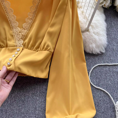 Lantern sleeve slim waist slimming long sleeves blouses