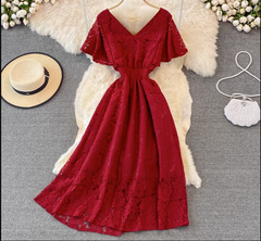 V-neck ruffle sleeve lace maxi dress