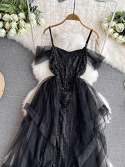 Schwarzes Meerjungfrauenkleid mit Patchwork-Pailletten