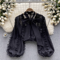 Women's autumn bow tie puff sleeve blouses