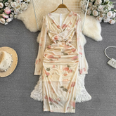 Elegantes langärmliges V-Ausschnitt-Twist-Mid-Length-Print-Kleid für den Herbst