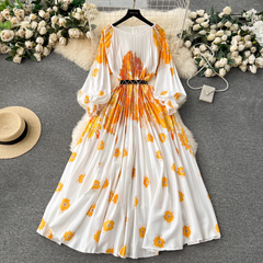 New Women's dress printed pleated holiday long dress