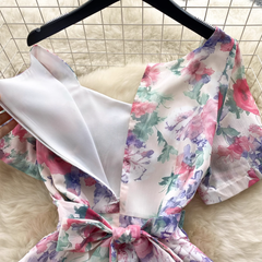 Damen Meerjungfrauenkleid mit eckigem Ausschnitt, Puffärmeln und Blumenmuster aus Chiffon