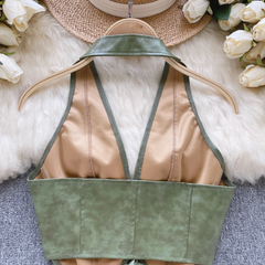 Camisola de verano con cuello halter y diseño de cordones de PU para mujer