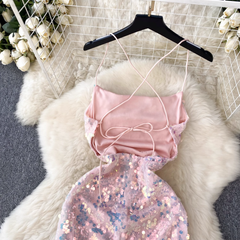 Damen Sommer Pailletten Glitzer Strapskleid