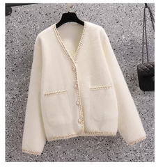 Women's White Sweater Fleece Knitted Jacket