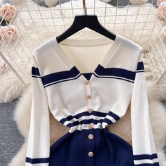 Damen Retro-Strickkleid mit V-Ausschnitt und langen Ärmeln und Kontrast