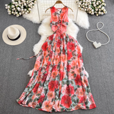 Böhmisches rückenfreies A-Linien-Kleid mit V-Ausschnitt und Rüschendruck, langer Rock für den Urlaub am Meer