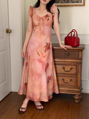 Retro-Kleid mit eckigem Ausschnitt und Tuschemalerei