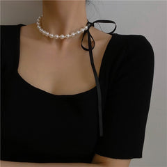 Audrey Hepburn Black Silk Bow Ribbon Pearl Necklace