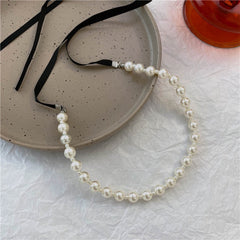 Audrey Hepburn Black Silk Bow Ribbon Pearl Necklace