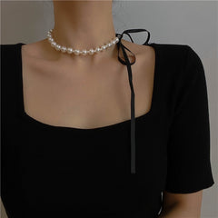 Audrey Hepburn Black Silk Bow Ribbon Pearl Necklace