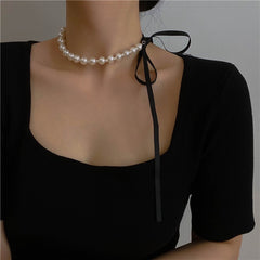 Audrey Hepburn Black Silk Bow Ribbon Pearl Necklace