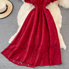 V-neck ruffle sleeve lace maxi dress