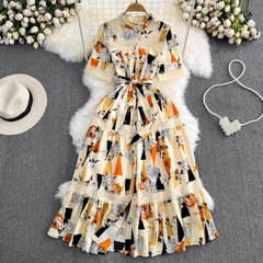 Short-sleeved stand-collar single-breasted a-line maxi dress