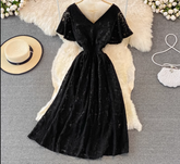 V-neck ruffle sleeve lace maxi dress